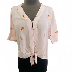 RAILS THEA PEACH FRUIT PRINT FRONT TIE 100% SILK SHORT SLEEVE V NECK BLOUSE XS